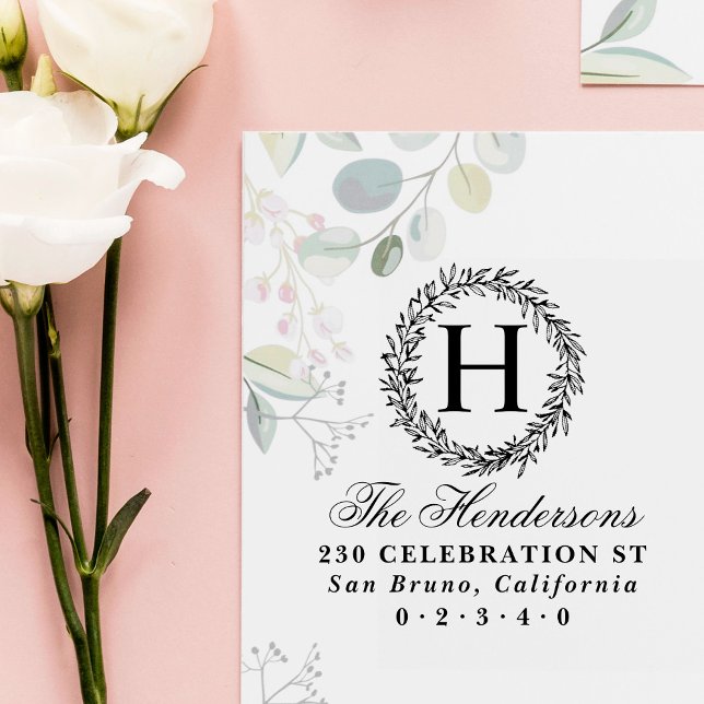 Carimbo De Borracha Nome da família de script Wreath Monograma Endereç (Criador carregado)