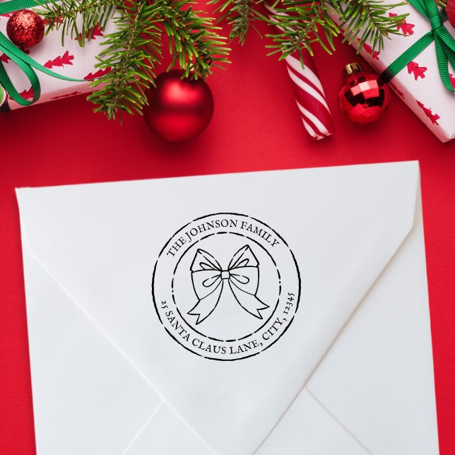 Carimbo De Borracha Nome da família do Arco de Natal Festivo Endereço  (Christmas Bow Family Emblem Seal + Address Rubber Stamp)