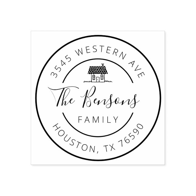 Carimbo De Borracha Nome da família Endereço de retorno redondo, Cozy  (Impressão)