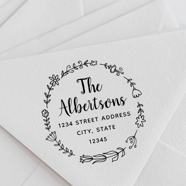 Carimbo De Borracha Nome da Família Floral Wreath Endereço de Devoluçã (Criador carregado)