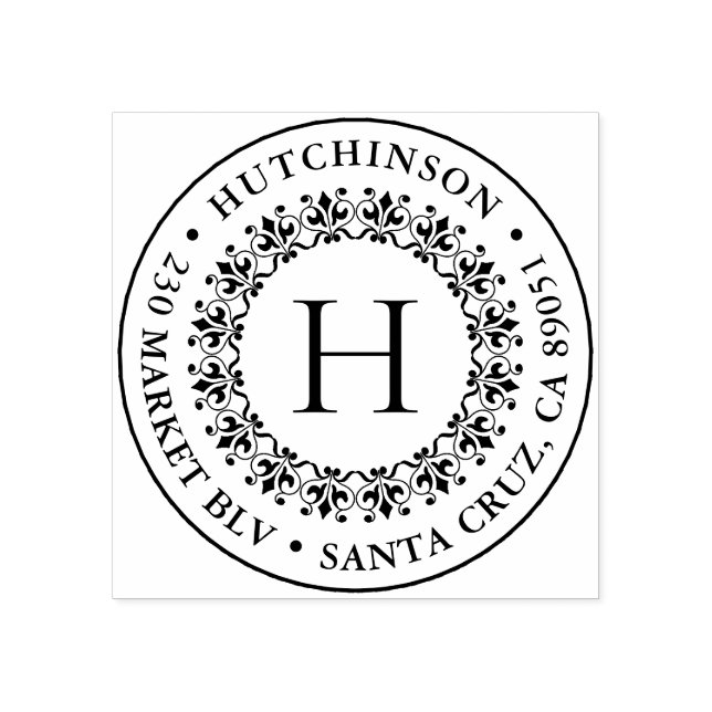 Carimbo De Borracha Nome da família Round do Monograma Clássico Endere (Impressão)