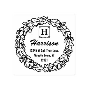 Carimbo De Borracha Oak Leaf Acorns Wreath  Endereço de devolução d