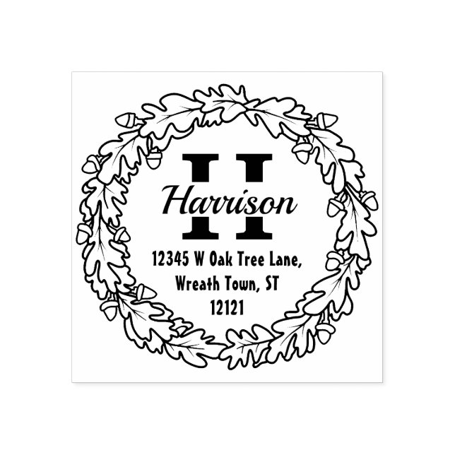 Carimbo De Borracha Oak Leaf Acorns Wreath | Monograma Devolução Ender (Impressão)