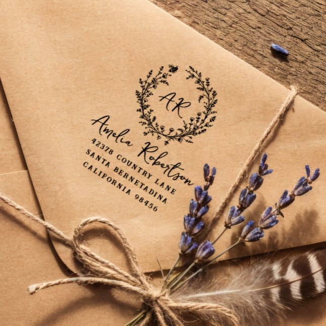 Carimbo De Borracha País Flores Selvagens & Bee Monograma Endereço Rus (Criador carregado)