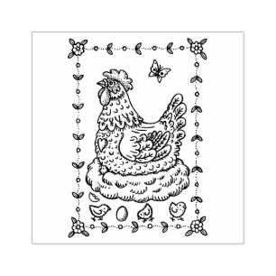 CARIMBO DE BORRACHA PAÍS HEN, NEST, OVO, PINTINHO FOLK ART BORDER