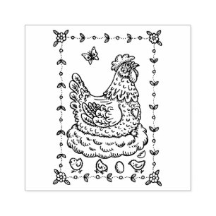 CARIMBO DE BORRACHA PAÍS HEN, NEST, OVO, PINTINHO FOLK ART BORDER
