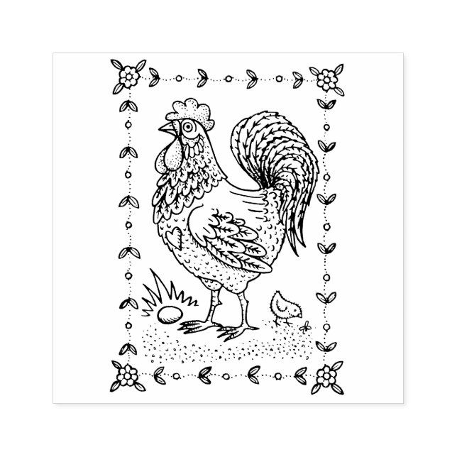 CARIMBO DE BORRACHA PAÍS ROOSTER, OVOS E PINTINHO FOLK ART BORDER (Impressão)