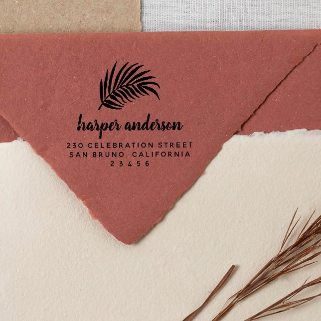 Carimbo De Borracha Palm Leaf & Brusch Calliografia Nome Endereço de R (Stamp Mock-up)
