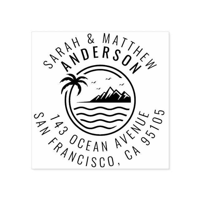 Carimbo De Borracha Palm Tree, Mountain & Ocean Endereço do Casal Casa (Impressão)
