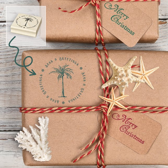 Carimbo De Borracha Palmeiras tropicais, Árvores e Saudações Natal (Tropical Palm Tree Seas and Greetings Christmas Rubber Stamp)