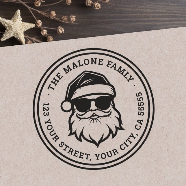 Carimbo De Borracha Papais noeis legal em óculos escuros Endereço de n (Cool Santa in sunglasses Christmas return address Rubber Stamp)