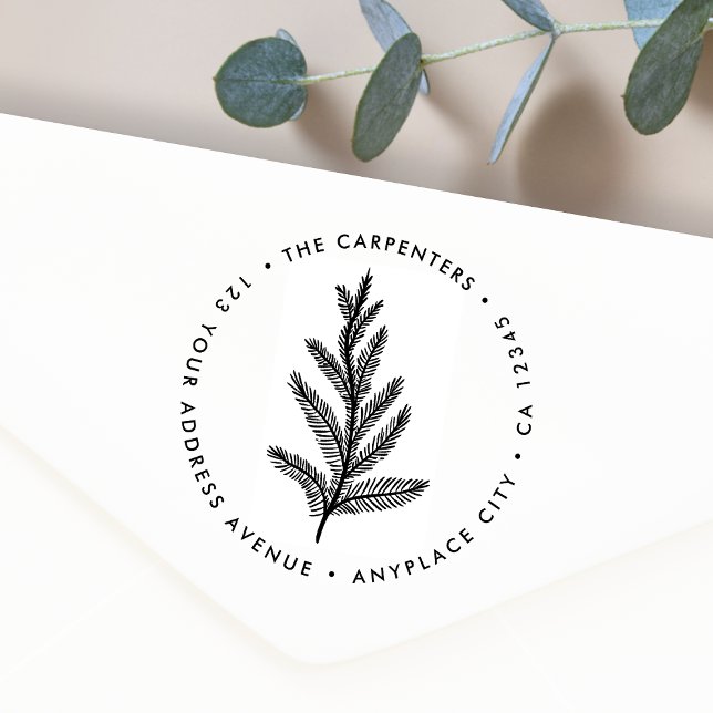 Carimbo de Borracha para Endereço de Remetente | G (Round fir branch illustration return address rubber stamp for everyday and seasonal mailing)
