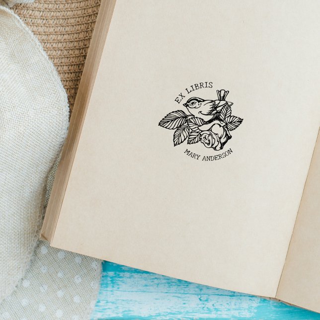 Carimbo De Borracha Pássaro Elegante com Livro Flor Ex Libris (Criador carregado)