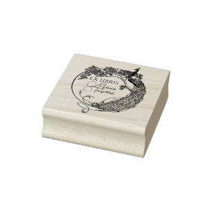 Carimbo De Borracha Pavão em Moldura Redonda Arte Nova Ex Libris Nome