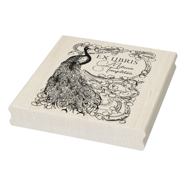 Carimbo De Borracha Pavão no Ramo Coberto de Flores Ex Libris (Carimbo)