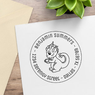 Carimbo De Borracha Pequeno Dragão Bonito segurando um endereço redond