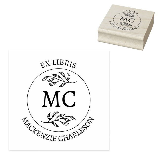 Carimbo De Borracha Personalized Ex Libris Monogram Book (Botanical Leaf classical monogram initial personalized Ex Libris from the library of rubber stamp)