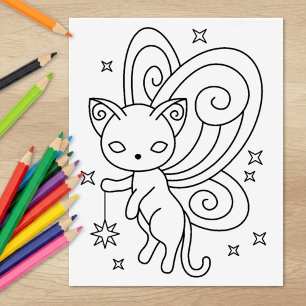 Carimbo De Borracha Pixie Cat - Página de Coloração do Gatinho das Asa