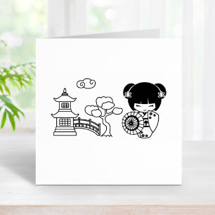 Carimbo De Borracha Rapariga de Guarda-chuvas Asiática em Kimono Scrap