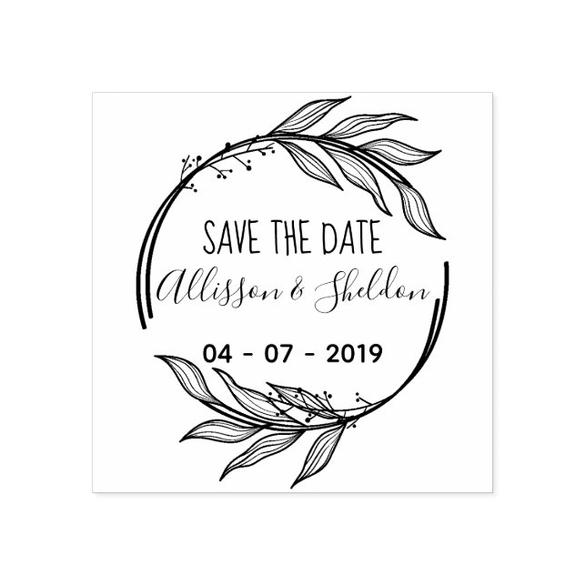 Carimbo De Borracha Romantic Hand Draw Leaves Save The Date (Impressão)