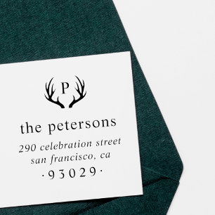 Carimbo De Borracha Rustic Antlers Monograma Family Name Endereço de d