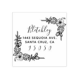 Carimbo De Borracha Rustic Flowers & Elegant Script Return Address
