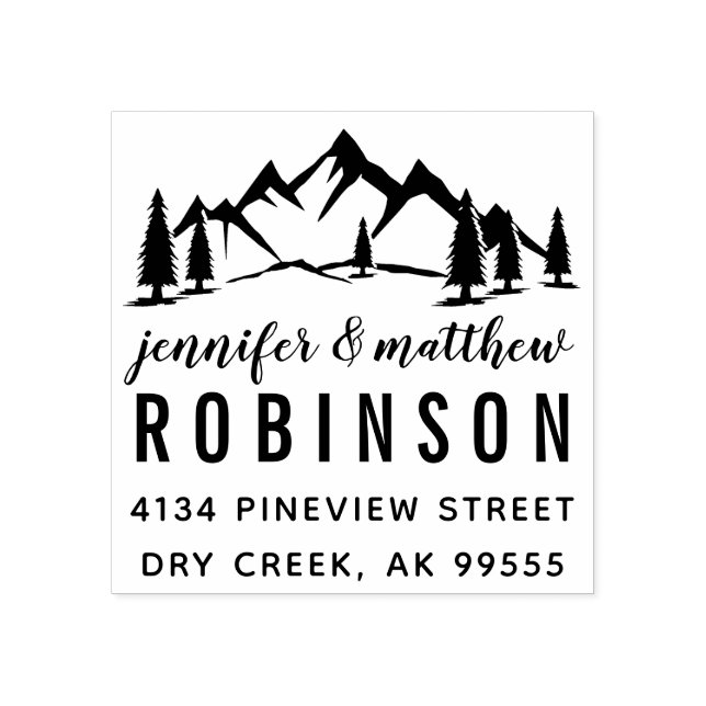 Carimbo De Borracha Rustic Mounains & Pines Wedding Return Address (Impressão)