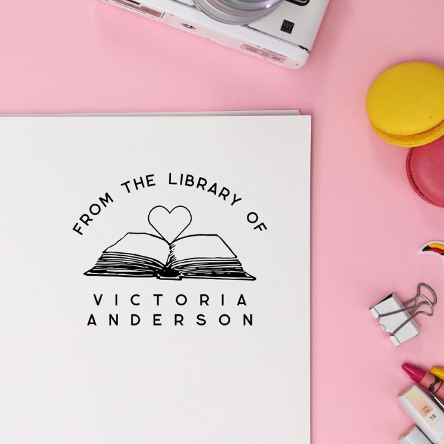 Carimbo De Borracha Simples | Da Biblioteca De | Livro Aberto (Cute Simple | From The Library Of | Open Book and Heart Rubber Stamp. Sweet and girly)