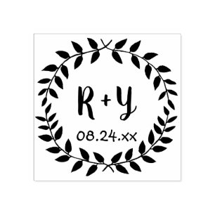 Carimbo De Borracha Simples Laurel Wreath Rustic Wedding Data Monogram