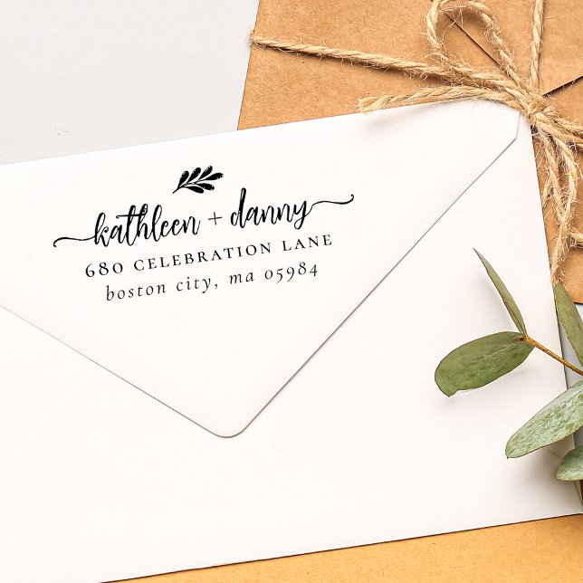 Carimbo De Borracha Simples Morada de Casamento de Casais de Greeneres (Simple Modern Greenery Couple's Wedding Address Rubber Stamp)