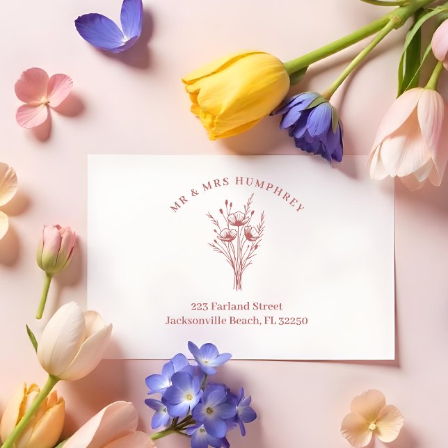 Carimbo De Borracha Stylish Romantic Poppies Wildflowers Bouquet (Modern Stylish Romantic Poppies Wildflowers Bouquet Address Rubber Stamps)