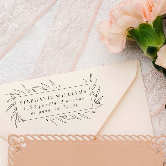 Carimbo De Borracha Trendy Botanical Leaves Frame Name Endereço de Dev (Criador carregado)