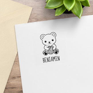 Carimbo De Borracha Urso Fofo Segurando uma Baga Nome Personalizado 1x