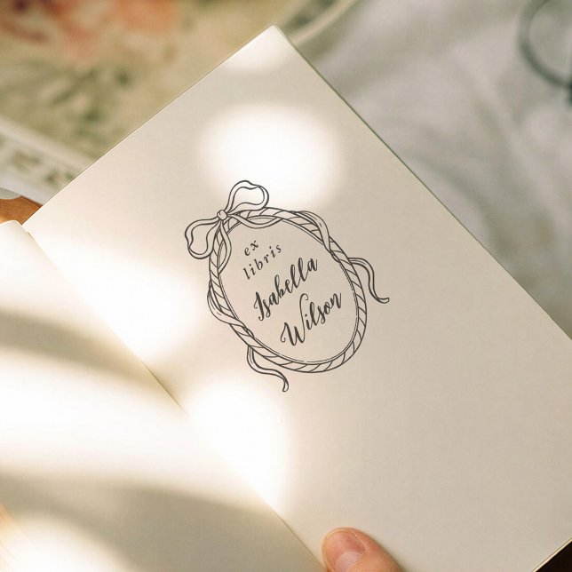 Carimbo De Borracha Vintage Frame Whimsical Bow Ex Libris Script Book (Criador carregado)