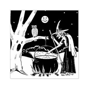 Carimbo De Borracha Vintage Halloween Bruxa com Cauldron