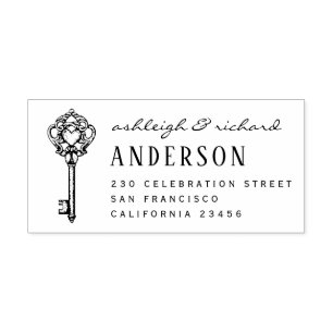 Carimbo De Borracha Vintage Heart Key Script Names & Return Address