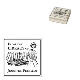 Carimbo De Borracha Vintage, Senhora Vitoriana com Livros Ex Libris