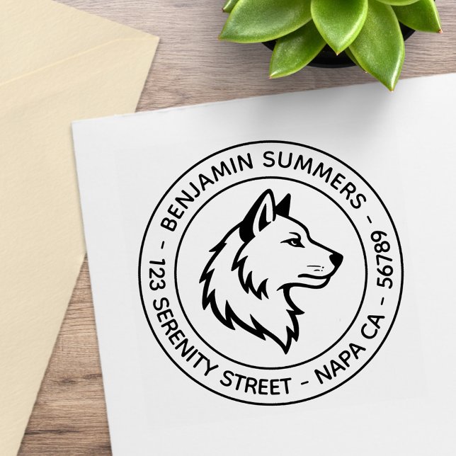Carimbo De Borracha Wolf Head Profile Round Address (Criador carregado)