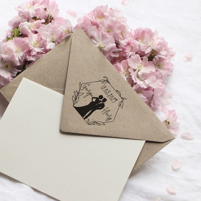 Carimbo de Casamento Hexágono com Silhueta Casal (hexagonal grame with lleaves and couple inside with custom names and date)