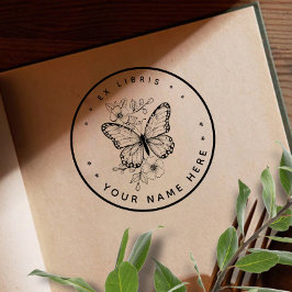 Carimbo redondo da borboleta Floral ex libris
