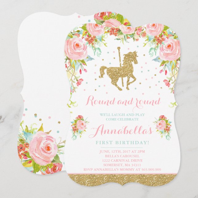 Carousel Birthday Convite Floral Rosa Mint Dourado (Frente/Verso)