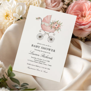 Carrinho de Bebê Antigo Rosa Convite de Chá de Beb