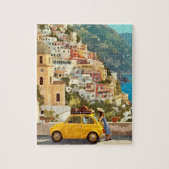 Carro Amarelo Antigo e Quebra-Cabeça da Costa Amal (Vertical)