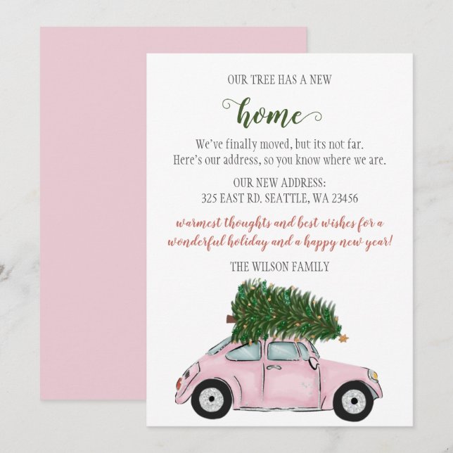 Carro de Árvore de Natal Rosa, Movemos Cartões de  (Frente/Verso)