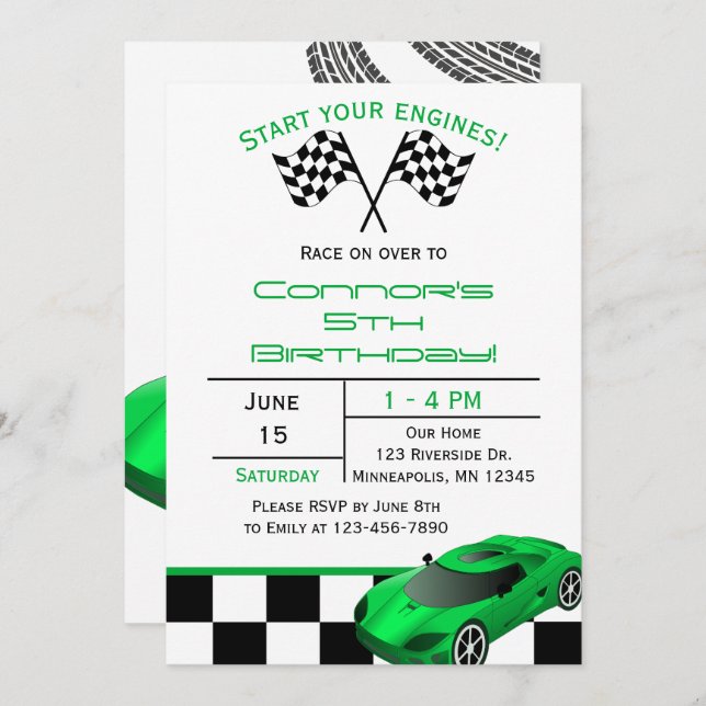 Carro de Corrida Verde | Convite personalizado par (Frente/Verso)