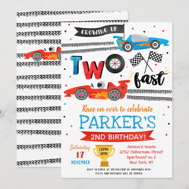 Carro Race Dois Convites de festas de segundo ani (Frente/Verso)