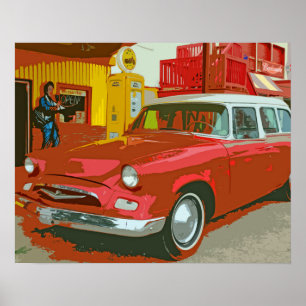 Carro Vermelho Antigo na Poster da Estação de Serv