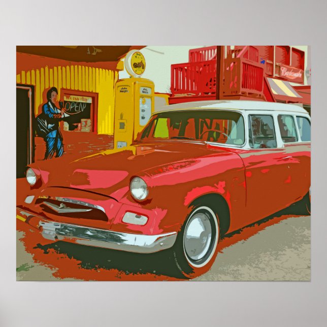 Carro Vermelho Antigo na Poster da Estação de Serv (Frente)