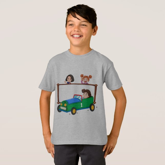 Carros e crianças com T-shirt de menino impressa (Frente Completa)