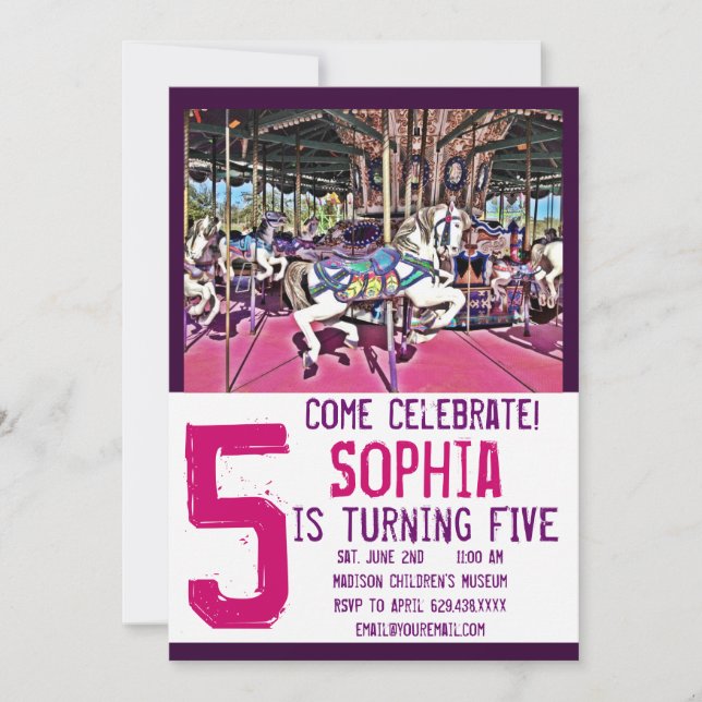 Carrossel Cavalo Púrpura Rosa - Convites de Aniver (Frente)